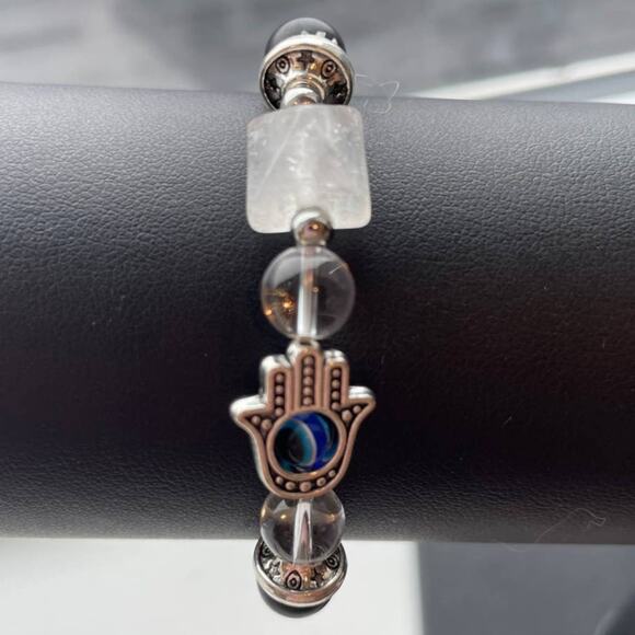 Black Obsidian and Clear Quartz Pyramid with Hamsa Crystal Bracelet - Picture 2 of 5